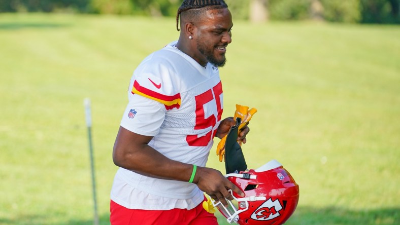 Jul 28, 2021; St. Joseph, MO, United States; Kansas City Chiefs defensive end Frank Clark (55) walks down the hill from the locker room to the fields during training camp at Missouri Western State University. Mandatory Credit: Denny Medley-USA TODAY Sports