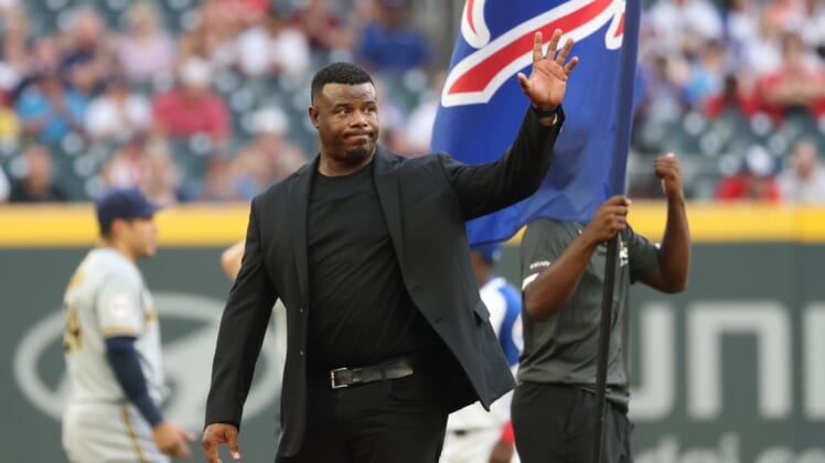Jul 30, 2021; Atlanta, Georgia, USA; Former baseball player and Hall of Fame player Ken Griffey Jr. is honored during a special presentation during the Hank Aaron weekend before the Atlanta Braves game against the Milwaukee Brewers at Truist Park. Mandatory Credit: Jason Getz-USA TODAY Sports