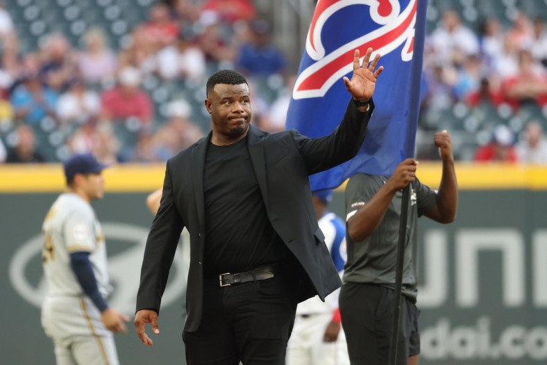 Jul 30, 2021; Atlanta, Georgia, USA; Former baseball player and Hall of Fame player Ken Griffey Jr. is honored during a special presentation during the Hank Aaron weekend before the Atlanta Braves game against the Milwaukee Brewers at Truist Park. Mandatory Credit: Jason Getz-USA TODAY Sports