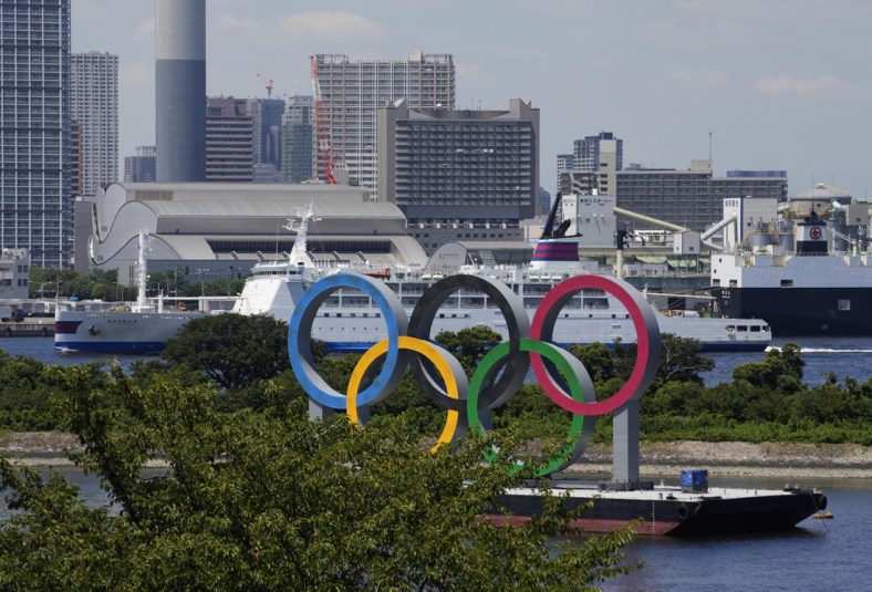 Aug 6, 2021; Tokyo, Japan; A general view of the Olympic rings as seen from Daiba during the Tokyo 2020 Olympic Summer Games. Mandatory Credit: Rob Schumacher-USA TODAY Sports