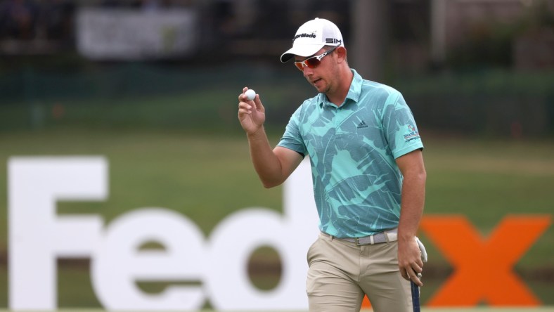 Lucas Herbert acknowledges the crowd after they applaud his birdie on Hole No. 18 during the second round of the World Golf Championships FedEx-St. Jude Invitational at TPC Southwind  in Memphis, Tenn. on Friday, August 6, 2021.

Jrca6398