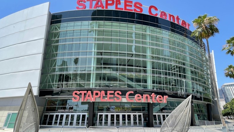 Aug 10, 2021; Los Angeles, California, USA; A general overall view of the Staples Center exterior. Mandatory Credit: Kirby Lee-USA TODAY Sports