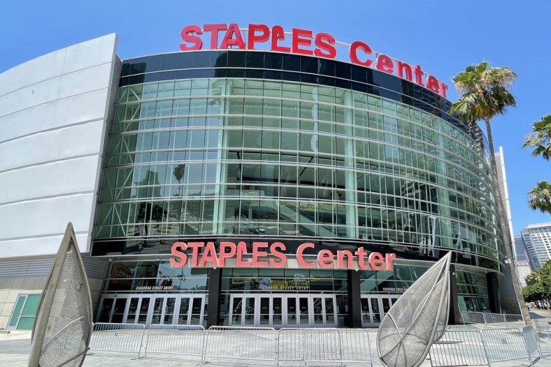 Aug 10, 2021; Los Angeles, California, USA; A general overall view of the Staples Center exterior. Mandatory Credit: Kirby Lee-USA TODAY Sports