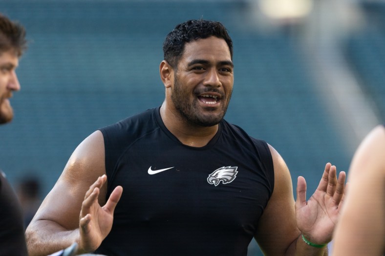 Aug 12, 2021; Philadelphia, Pennsylvania, USA; Philadelphia Eagles offensive tackle Jordan Mailata before action against the Pittsburgh Steelers at Lincoln Financial Field. Mandatory Credit: Bill Streicher-USA TODAY Sports