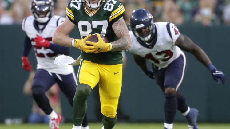 Aug 14, 2021; Green Bay, WI, USA;   Green Bay Packers tight end Jace Sternberger (87) runs following a catch against the Houston Texans during their preseason football game on Saturday, August 14, 2021, at Lambeau Field in Green Bay, Wis.  Mandatory Credit: William Glasheen-USA TODAY Sports