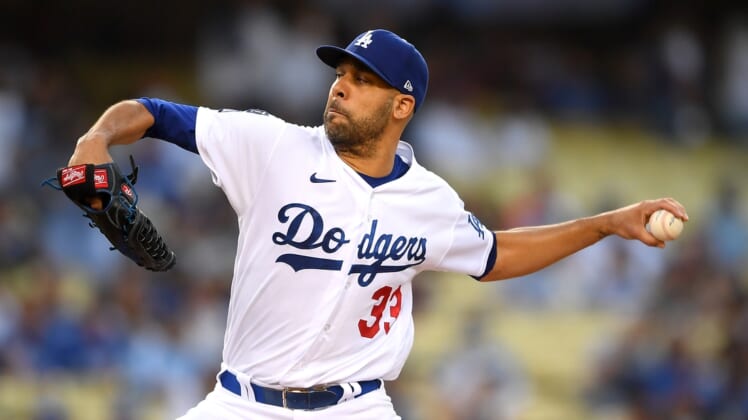 Aug 17, 2021; Los Angeles, California, USA;  Los Angeles Dodgers starting pitcher David Price (33) in the first inning against the Pittsburgh Pirates at Dodger Stadium. Mandatory Credit: Jayne Kamin-Oncea-USA TODAY Sports