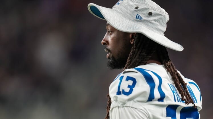 Aug 21, 2021; Minneapolis, Minnesota, USA; Indianapolis Colts wide receiver T.Y. Hilton (13) looks on during the third quarter against the Minnesota Vikings at U.S. Bank Stadium. Mandatory Credit: Brace Hemmelgarn-USA TODAY Sports