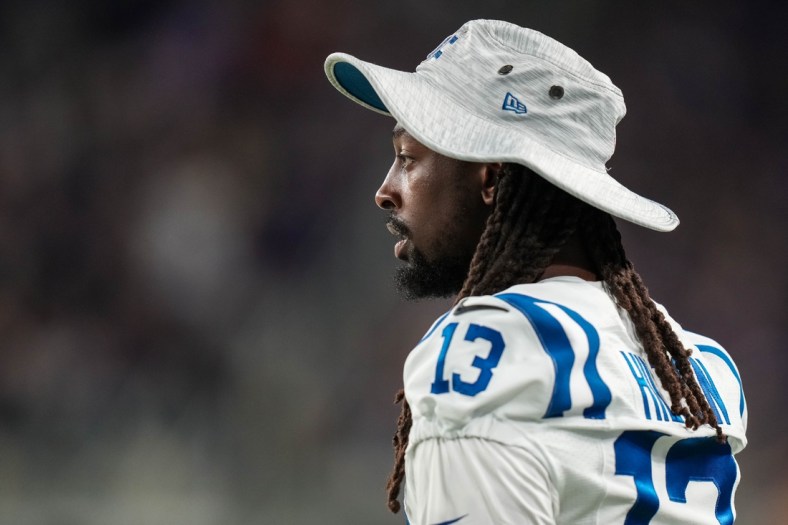 Aug 21, 2021; Minneapolis, Minnesota, USA; Indianapolis Colts wide receiver T.Y. Hilton (13) looks on during the third quarter against the Minnesota Vikings at U.S. Bank Stadium. Mandatory Credit: Brace Hemmelgarn-USA TODAY Sports