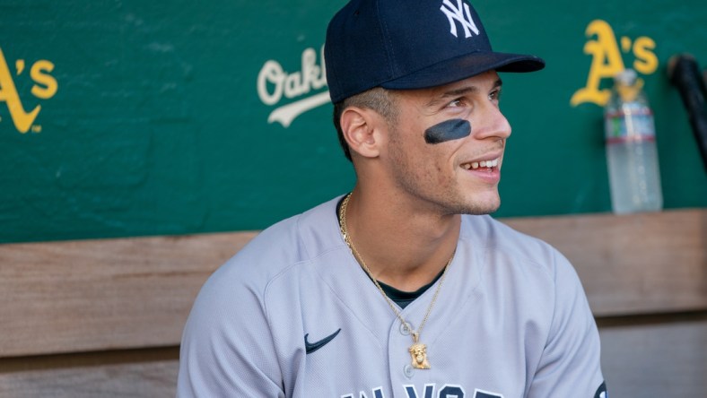 Aug 26, 2021; Oakland, California, USA;  New York Yankees shortstop Andrew Velazquez (71) looks on from the dugout before a game against the Oakland Athletics at RingCentral Coliseum. Mandatory Credit: Neville E. Guard-USA TODAY Sports