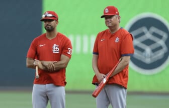 Aug 27, 2021; Pittsburgh, Pennsylvania, USA;  St. Louis Cardinals bench coach Oliver Marmol (37) and manager Mike Shildt (right) observe batting practice before the game against the Pittsburgh Pirates at PNC Park. Mandatory Credit: Charles LeClaire-USA TODAY Sports