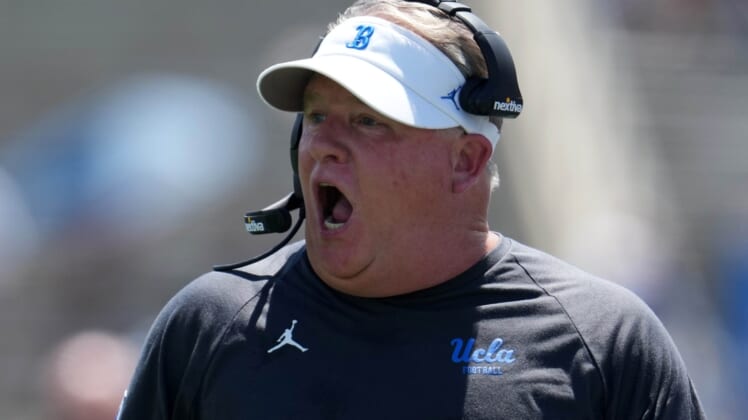 Aug 28, 2021; Pasadena, California, USA; UCLA Bruins head coach Chip Kelly reacts in the first half against the Hawaii Rainbow Warriors at Rose Bowl. Mandatory Credit: Kirby Lee-USA TODAY Sports