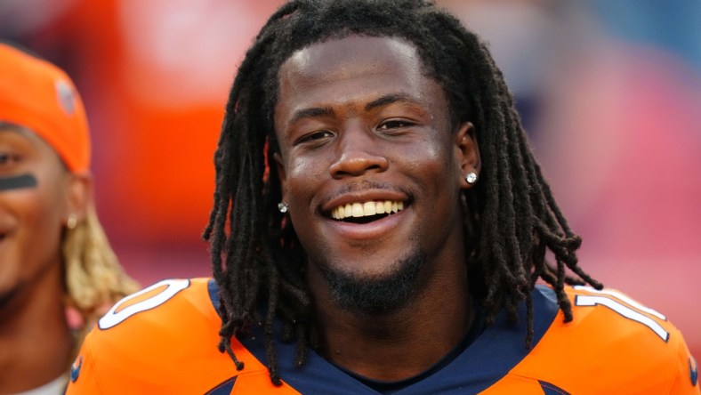 Aug 28, 2021; Denver, Colorado, USA; Denver Broncos wide receiver Jerry Jeudy (10) before the preseason game against the Los Angeles Rams at Empower Field at Mile High. Mandatory Credit: Ron Chenoy-USA TODAY Sports