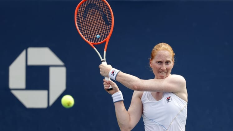 Aug 31, 2021; Flushing, NY, USA;  Alison Van Uytvanck of Belgium hits to Paula Badosa of Spain in a first round match on day two of the 2021 U.S. Open tennis tournament at USTA Billie King National Tennis Center. Mandatory Credit: Jerry Lai-USA TODAY Sports