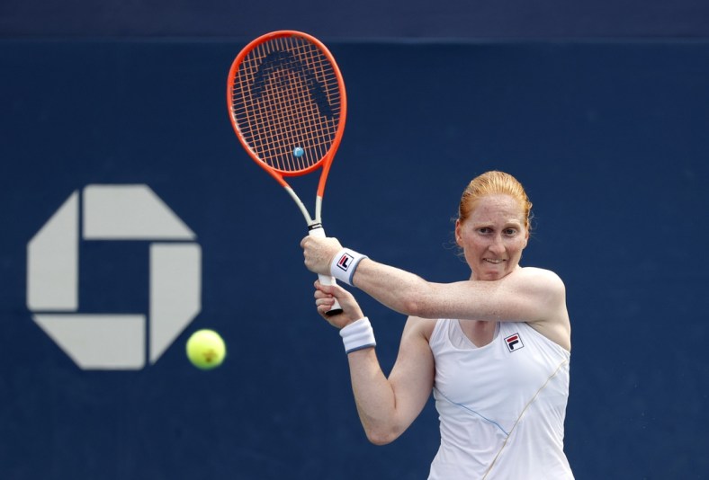 Aug 31, 2021; Flushing, NY, USA;  Alison Van Uytvanck of Belgium hits to Paula Badosa of Spain in a first round match on day two of the 2021 U.S. Open tennis tournament at USTA Billie King National Tennis Center. Mandatory Credit: Jerry Lai-USA TODAY Sports
