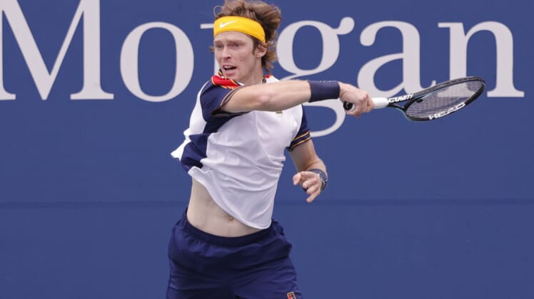 Sep 1, 2021; Flushing, NY, USA; Andrey Rublev of Russia hits a forehand against Pedro Martinez of Spain (not pictured) on day three of the 2021 U.S. Open tennis tournament at USTA Billie Jean King National Tennis Center. Mandatory Credit: Geoff Burke-USA TODAY Sports