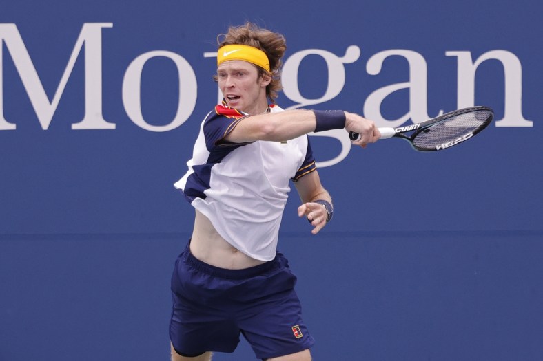 Sep 1, 2021; Flushing, NY, USA; Andrey Rublev of Russia hits a forehand against Pedro Martinez of Spain (not pictured) on day three of the 2021 U.S. Open tennis tournament at USTA Billie Jean King National Tennis Center. Mandatory Credit: Geoff Burke-USA TODAY Sports