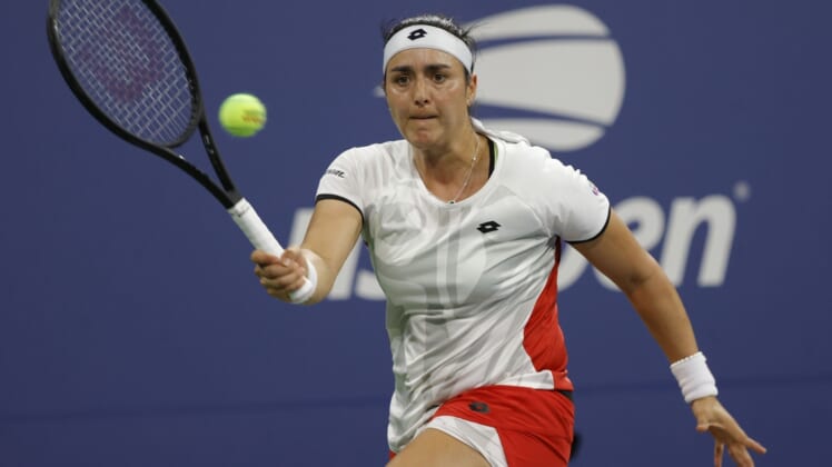 Sep 3, 2021; Flushing, NY, USA; Ons Jabeur of Tunisia hits a forehand against Elise Mertens of Belgium (not pictured) on day five of the 2021 U.S. Open tennis tournament at USTA Billie Jean King National Tennis Center. Mandatory Credit: Geoff Burke-USA TODAY Sports