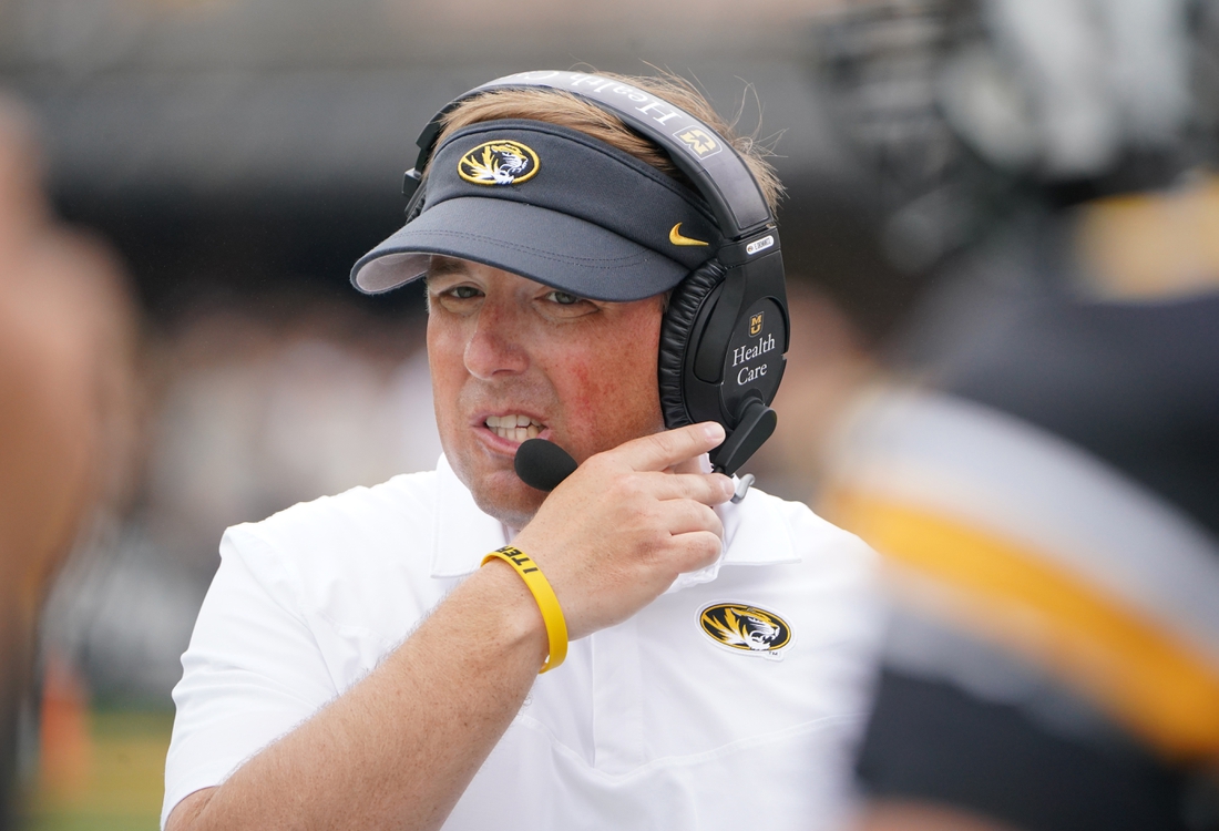 Sep 4, 2021; Columbia, Missouri, USA; Missouri Tigers head coach Eli Drinkwitz on the sidelines against the Central Michigan Chippewas during the first half at Faurot Field at Memorial Stadium. Mandatory Credit: Denny Medley-USA TODAY Sports