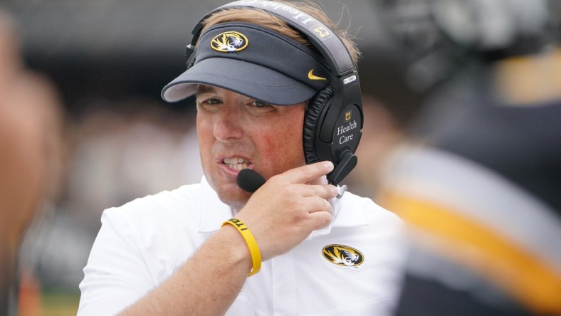 Sep 4, 2021; Columbia, Missouri, USA; Missouri Tigers head coach Eli Drinkwitz on the sidelines against the Central Michigan Chippewas during the first half at Faurot Field at Memorial Stadium. Mandatory Credit: Denny Medley-USA TODAY Sports