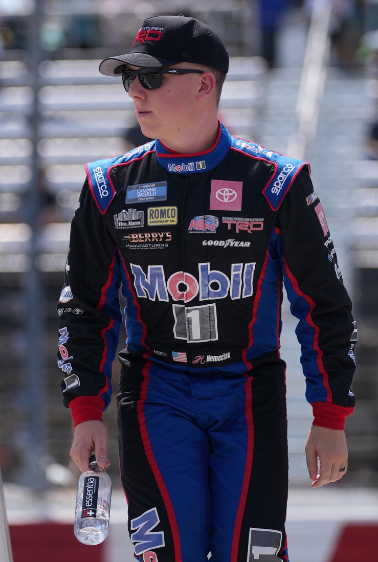 Sep 5, 2021; Darlington, SC, USA; NASCAR Truck Series driver John Hunter Nemechek (4) on pit road prior to the In It To Win It 200 at Darlington Raceway. Mandatory Credit: Jasen Vinlove-USA TODAY Sports