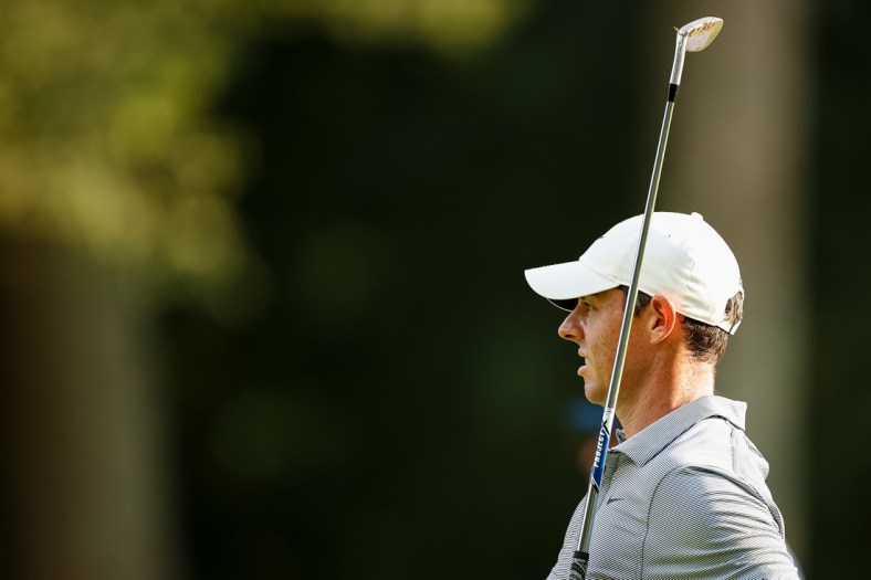 Aug 26, 2021; Owings Mills, Maryland, USA; Rory McIlroy watches his shot from the 15th hole during the first round of the BMW Championship golf tournament. Mandatory Credit: Scott Taetsch-USA TODAY Sports