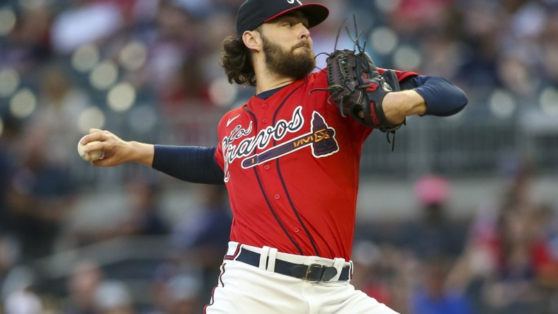 Sep 10, 2021; Atlanta, Georgia, USA; Atlanta Braves starting pitcher Ian Anderson (36) throws against the Miami Marlins in the first inning at Truist Park. Mandatory Credit: Brett Davis-USA TODAY Sports