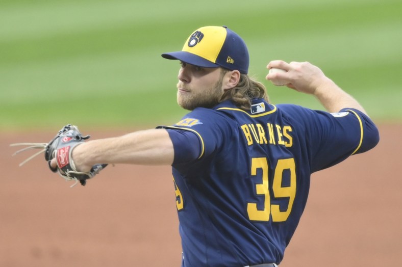 Sep 11, 2021; Cleveland, Ohio, USA; Milwaukee Brewers starting pitcher Corbin Burnes (39) delivers a pitch in the first inning against the Cleveland Indians at Progressive Field. Mandatory Credit: David Richard-USA TODAY Sports