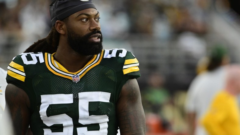 Sep 12, 2021; Jacksonville, Florida, USA;  Green Bay Packers linebacker Za'Darius Smith (55) looks on  the field during the fourth quarter against the New Orleans Saints at TIAA Bank Field. Mandatory Credit: Tommy Gilligan-USA TODAY Sports