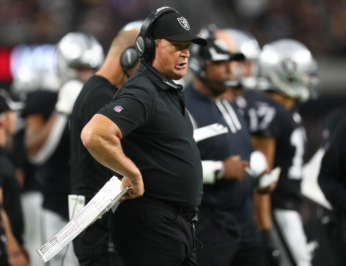 Sep 13, 2021; Paradise, Nevada, USA; Las Vegas Raiders head coach Jon Gruden watches game action against the Baltimore Ravens during the first half at Allegiant Stadium. Mandatory Credit: Mark J. Rebilas-USA TODAY Sports