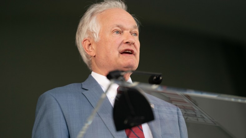 Sep 8, 2021; Cooperstown, New York, USA; Donald Fehr makes the acceptance speech for the late Hall of Fame inductee Marvin Miller during the 2021 National Baseball Hall of Fame induction ceremony at Clark Sports Center. Mandatory Credit: Gregory Fisher-USA TODAY Sports