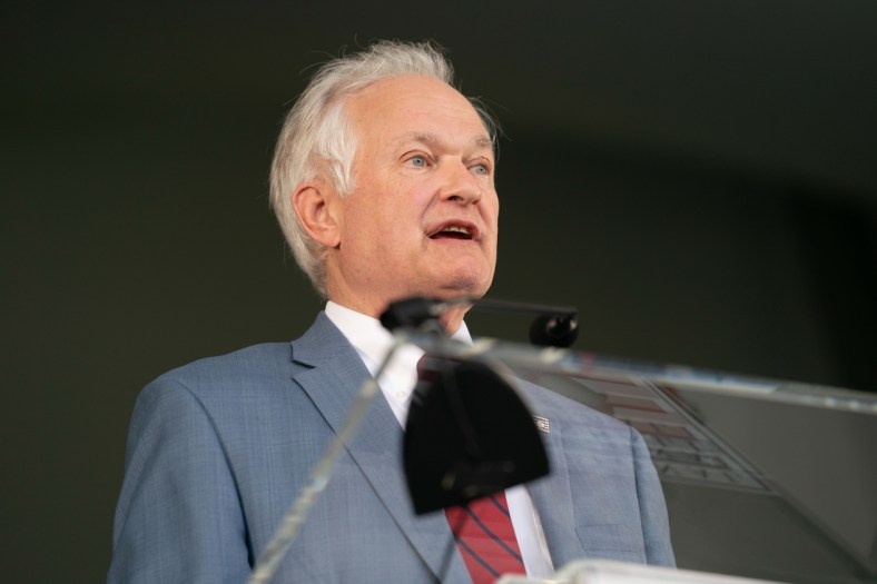 Sep 8, 2021; Cooperstown, New York, USA; Donald Fehr makes the acceptance speech for the late Hall of Fame inductee Marvin Miller during the 2021 National Baseball Hall of Fame induction ceremony at Clark Sports Center. Mandatory Credit: Gregory Fisher-USA TODAY Sports