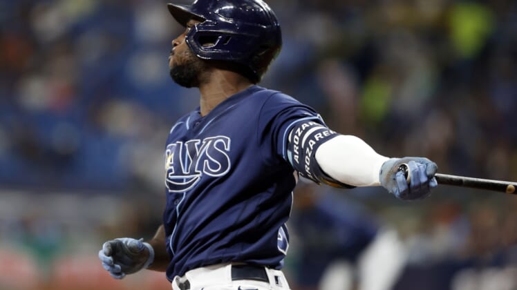 Sep 17, 2021; St. Petersburg, Florida, USA;  Tampa Bay Rays left fielder Randy Arozarena (56) doubles during the first inning against the Detroit Tigers at Tropicana Field. Mandatory Credit: Kim Klement-USA TODAY Sports
