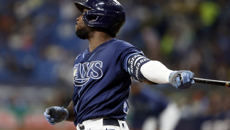 Sep 17, 2021; St. Petersburg, Florida, USA;  Tampa Bay Rays left fielder Randy Arozarena (56) doubles during the first inning against the Detroit Tigers at Tropicana Field. Mandatory Credit: Kim Klement-USA TODAY Sports