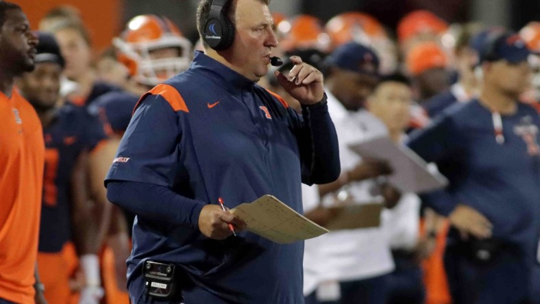 Sep 17, 2021; Champaign, Illinois, USA; Illinois Fighting Illini head coach Bret Bielema looks on from the sideline against the Maryland Terrapins at Memorial Stadium. Mandatory Credit: Ron Johnson-USA TODAY Sports