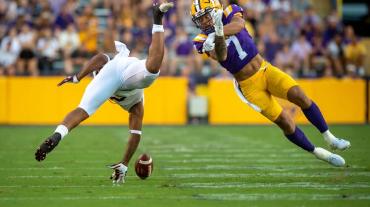 Derek Stingley Jr breaks up a pass as The LSU Tigers take on Central Michigan Chippewas in Tiger Stadium. Saturday, Sept. 18, 2021.Lsu Vs Central Michigan V1 7424