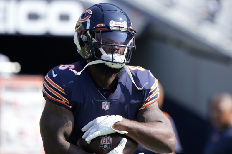 Sep 19, 2021; Chicago, Illinois, USA; Chicago Bears running back Damien Williams (8) practices before the game against the Cincinnati Bengals at Soldier Field. Mandatory Credit: Mike Dinovo-USA TODAY Sports