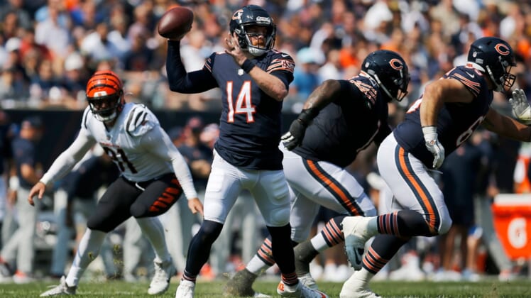 Chicago Bears quarterback Andy Dalton (14) throws a pass in the first quarter of the NFL Week 2 game between the Chicago Bears and the Cincinnati Bengals at Soldier Field in Chicago on Sunday, Sept. 19, 2021. The Bears led 7-0 at halftime.Cincinnati Bengals At Chicago Bears
