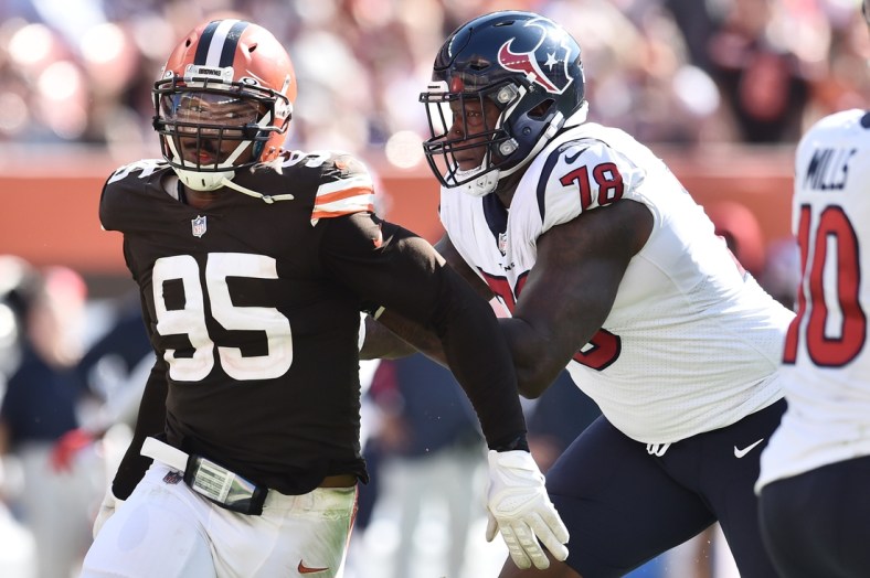 Sep 19, 2021; Cleveland, Ohio, USA; Houston Texans offensive tackle Laremy Tunsil (78) blocks Cleveland Browns defensive end Myles Garrett (95) during the second half at FirstEnergy Stadium. Mandatory Credit: Ken Blaze-USA TODAY Sports