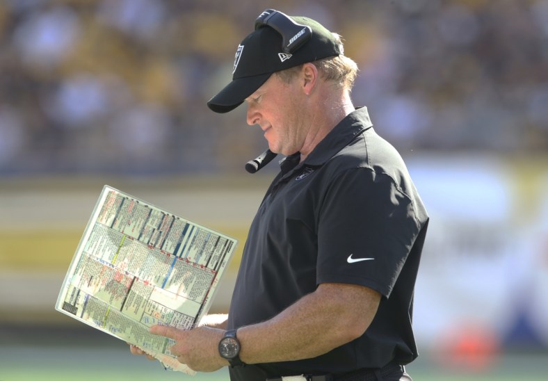 Sep 19, 2021; Pittsburgh, Pennsylvania, USA;  Las Vegas Raiders head coach Jon Gruden looks at his play chart against the Pittsburgh Steelers during the fourth quarter at Heinz Field. Las Vegas won 26-17.  Mandatory Credit: Charles LeClaire-USA TODAY Sports