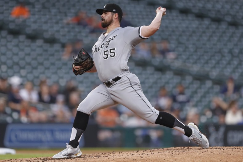 Sep 20, 2021; Detroit, Michigan, USA; Chicago White Sox starting pitcher Carlos Rodon (55) throws against the Detroit Tigers during the second inning at Comerica Park. Mandatory Credit: Raj Mehta-USA TODAY Sports