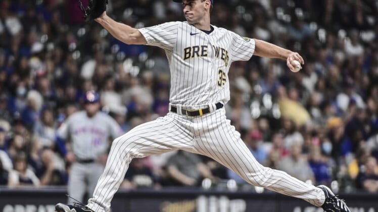 Sep 24, 2021; Milwaukee, Wisconsin, USA;  Milwaukee Brewers pitcher Brent Suter (35) throws a pitch in the eighth inning against the New York Mets at American Family Field. Mandatory Credit: Benny Sieu-USA TODAY Sports
