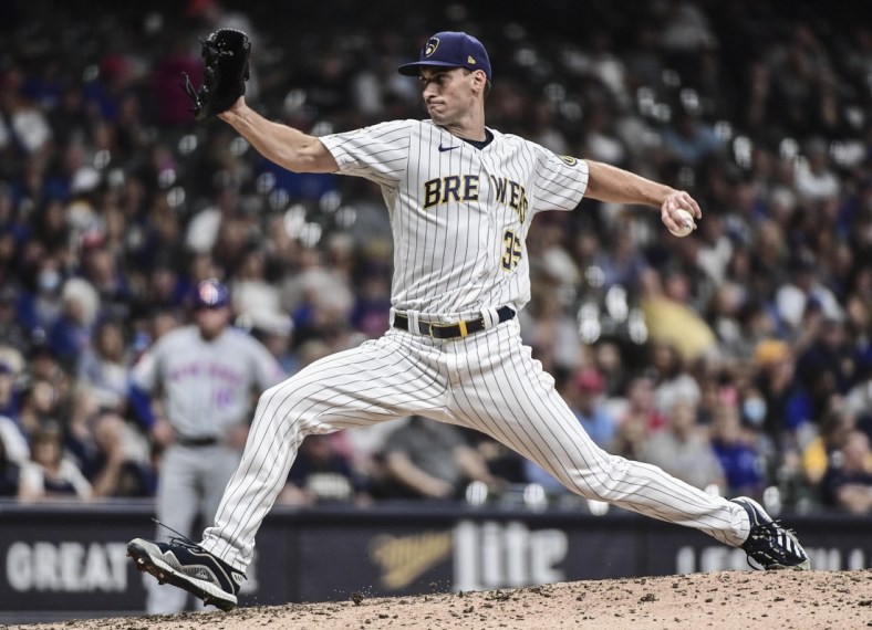 Sep 24, 2021; Milwaukee, Wisconsin, USA;  Milwaukee Brewers pitcher Brent Suter (35) throws a pitch in the eighth inning against the New York Mets at American Family Field. Mandatory Credit: Benny Sieu-USA TODAY Sports