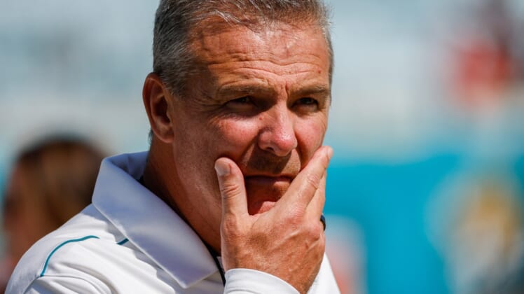 Sep 26, 2021; Jacksonville, Florida, USA; Jacksonville Jaguars head coach Urban Meyer looks on prior to the game against the Arizona Cardinals at TIAA Bank Field. Mandatory Credit: Nathan Ray Seebeck-USA TODAY Sports