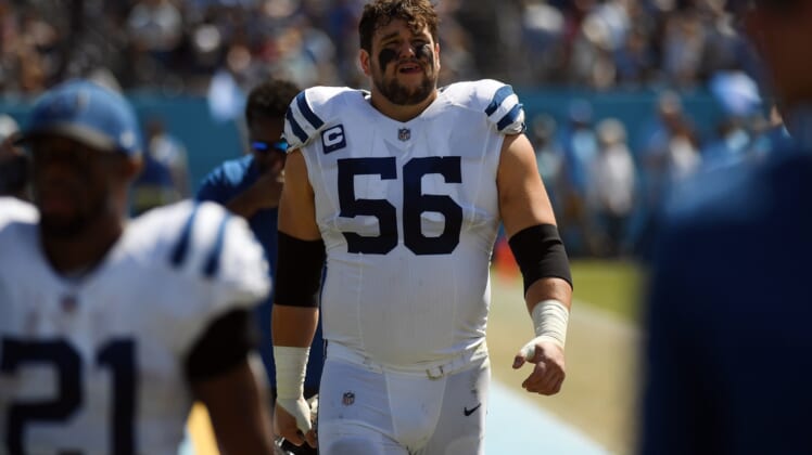 Sep 26, 2021; Nashville, Tennessee, USA; Indianapolis Colts offensive guard Quenton Nelson (56) leaves the field at half against the Tennessee Titans at Nissan Stadium. Mandatory Credit: Christopher Hanewinckel-USA TODAY Sports