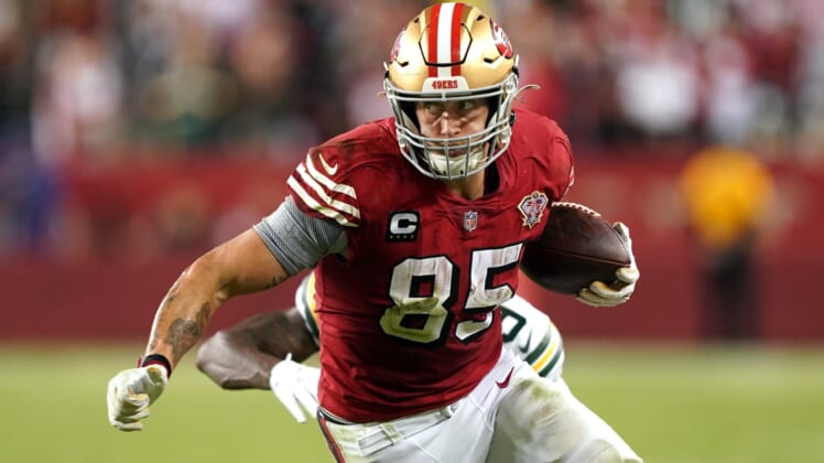 Sep 26, 2021; Santa Clara, California, USA; San Francisco 49ers tight end George Kittle (85) runs after a catch during the fourth quarter against the Green Bay Packers at Levi's Stadium. Mandatory Credit: Darren Yamashita-USA TODAY Sports