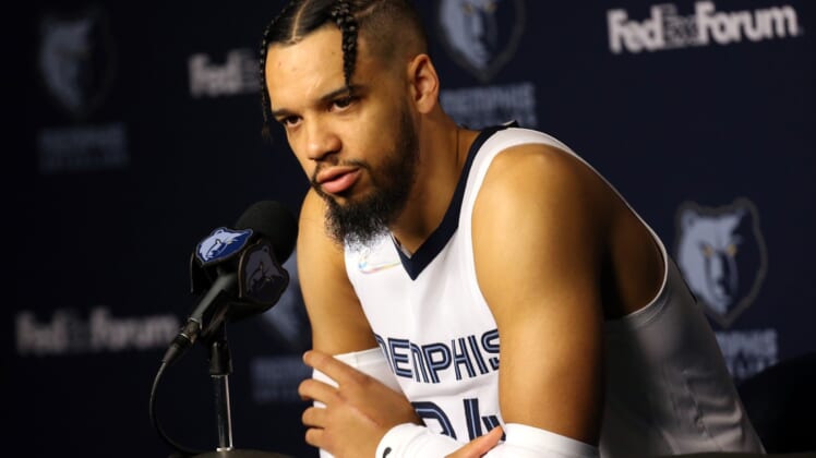 Sep 27, 2021; Memphis, TN, USA;  Memphis Grizzles guard Dillon Brooks (24) talks with members of the media during Media Day at the FedEx Forum. Mandatory Credit: Petre Thomas-USA TODAY Sports