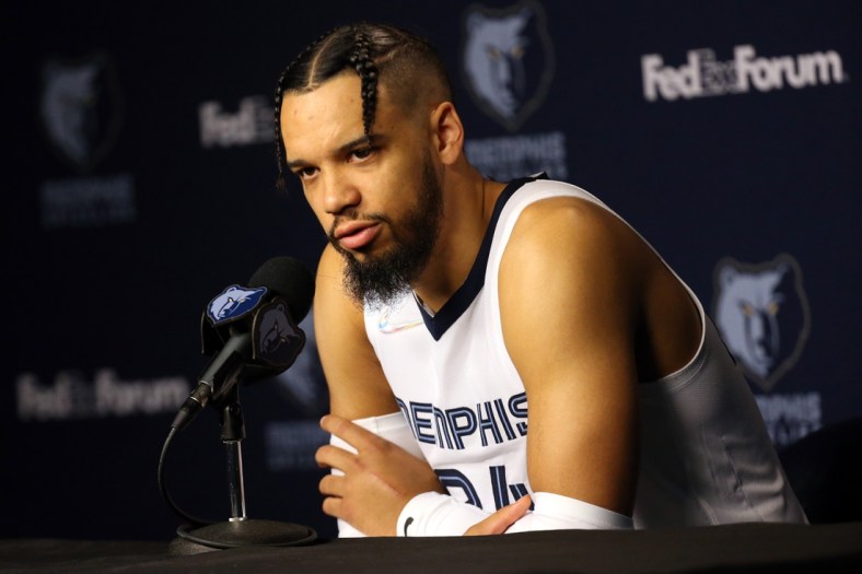 Sep 27, 2021; Memphis, TN, USA;  Memphis Grizzles guard Dillon Brooks (24) talks with members of the media during Media Day at the FedEx Forum. Mandatory Credit: Petre Thomas-USA TODAY Sports