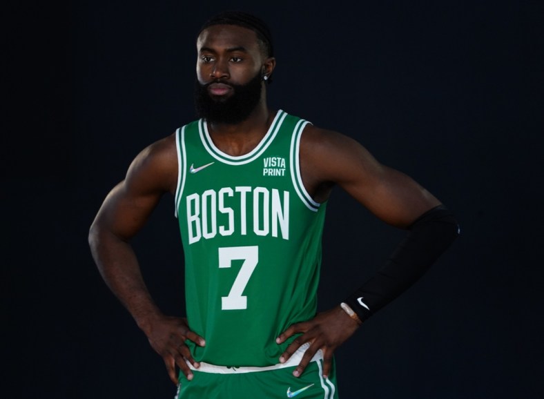 Sep 27, 2021; Canton, MA, USA; Boston Celtics guard Jaylen Brown (7) during Celtics Media Day in Canton MA. Mandatory Credit: David Butler II-USA TODAY Sports