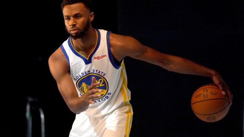 Sep 27, 2021; San Francisco, CA, USA; Golden State Warriors forward Andrew Wiggins (22) during Media Day at the Chase Center. Mandatory Credit: Cary Edmondson-USA TODAY Sports