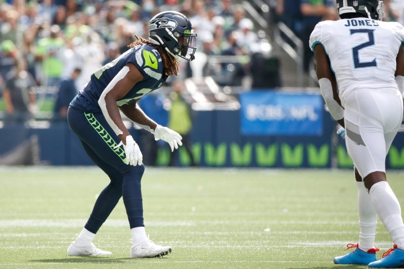 Sep 19, 2021; Seattle, Washington, USA; Seattle Seahawks cornerback Tre Flowers (21) waits for a snap against the Tennessee Titans during the second quarter at Lumen Field. Mandatory Credit: Joe Nicholson-USA TODAY Sports